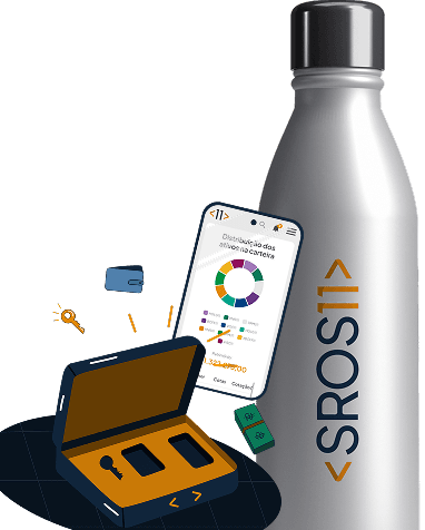 Carteira representando finanças ou pagamentos e garrafa squeeze ou esportiva